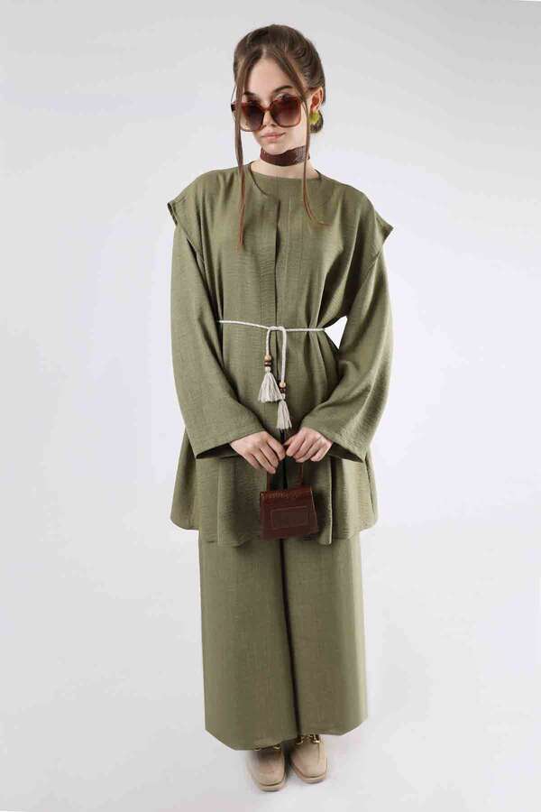 Corded Wide Leg Vest Set Khaki - 3