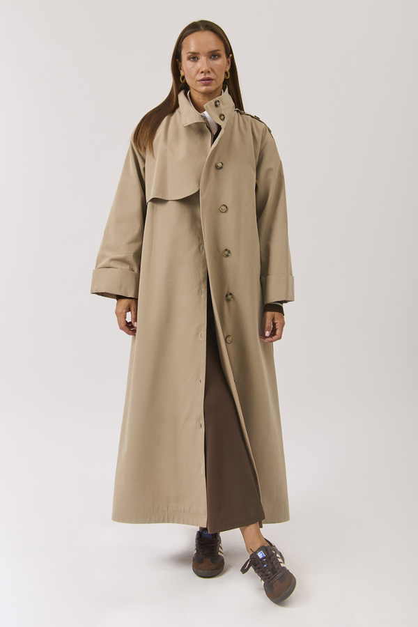 Cotton High Collar Buttoned Trenchcoat Beige - 6