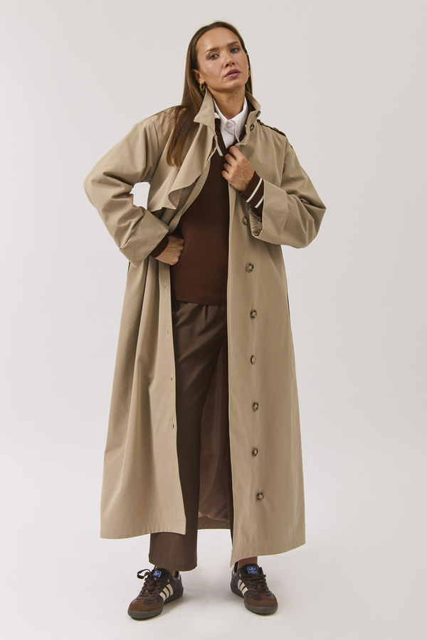 Cotton High Collar Buttoned Trenchcoat Beige - 8