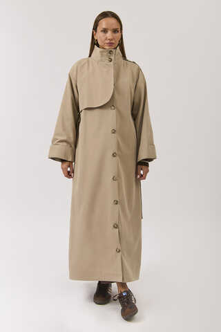 Cotton High Collar Buttoned Trenchcoat Beige - 9