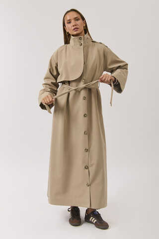 Cotton High Collar Buttoned Trenchcoat Beige - 11