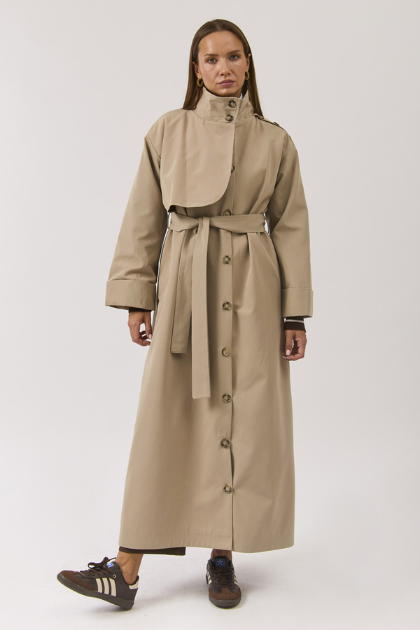 Cotton High Collar Buttoned Trenchcoat Beige - 12