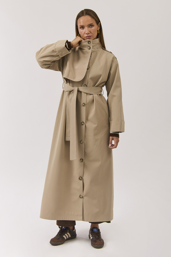 Cotton High Collar Buttoned Trenchcoat Beige - 13