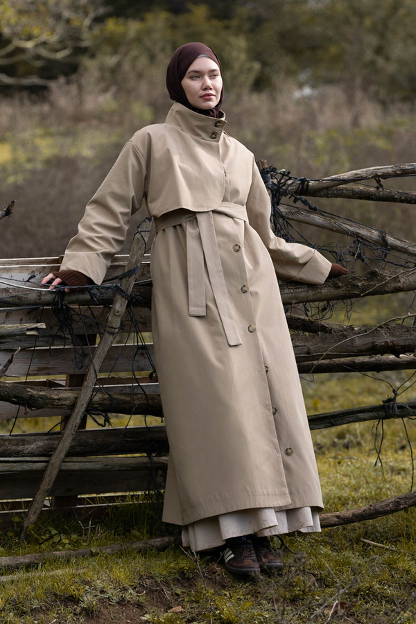 Cotton High Collar Buttoned Trenchcoat Beige - 4