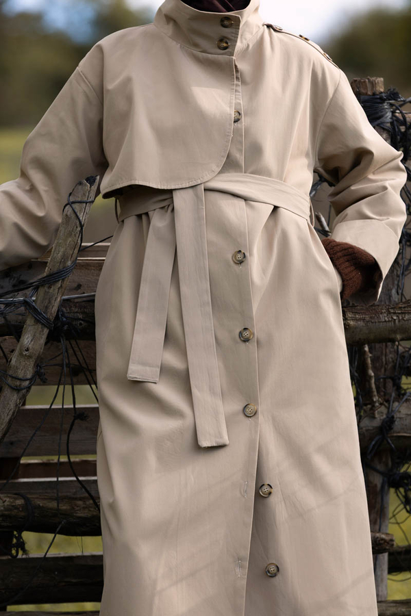 Cotton High Collar Buttoned Trenchcoat Beige - 5