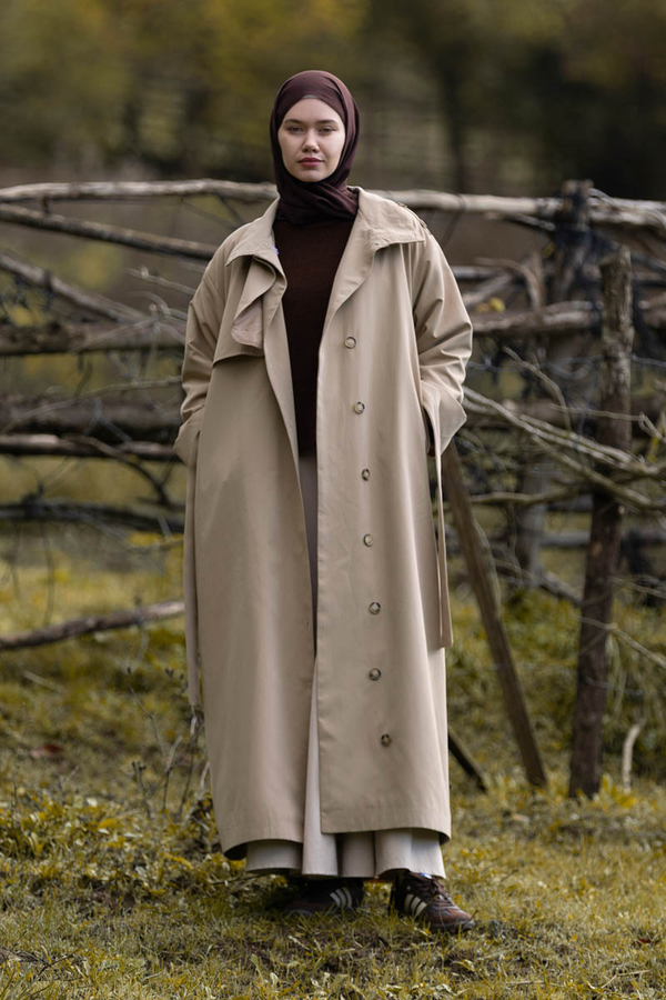 Cotton High Collar Buttoned Trenchcoat Beige - 2