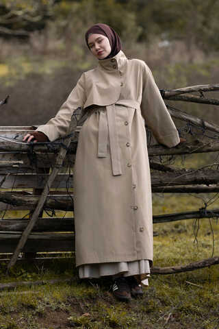 Cotton High Collar Buttoned Trenchcoat Beige - 3