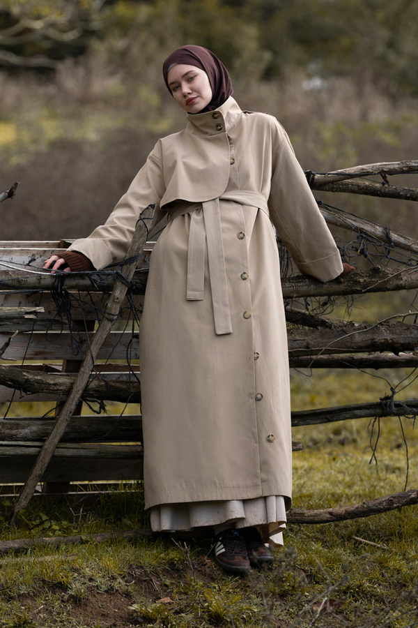 Cotton High Collar Buttoned Trenchcoat Beige - 3