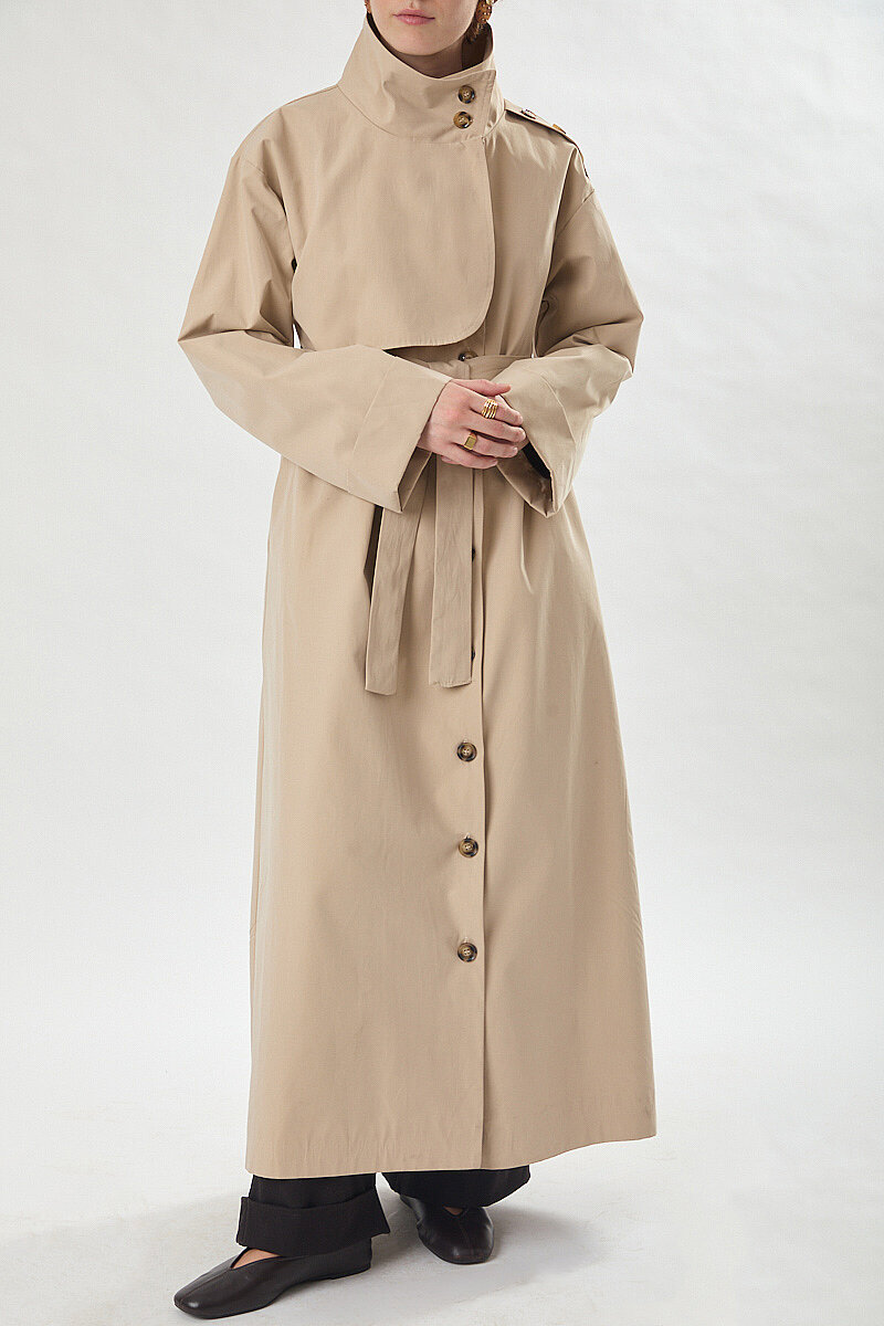 Cotton High Collar Buttoned Trenchcoat Beige - 10