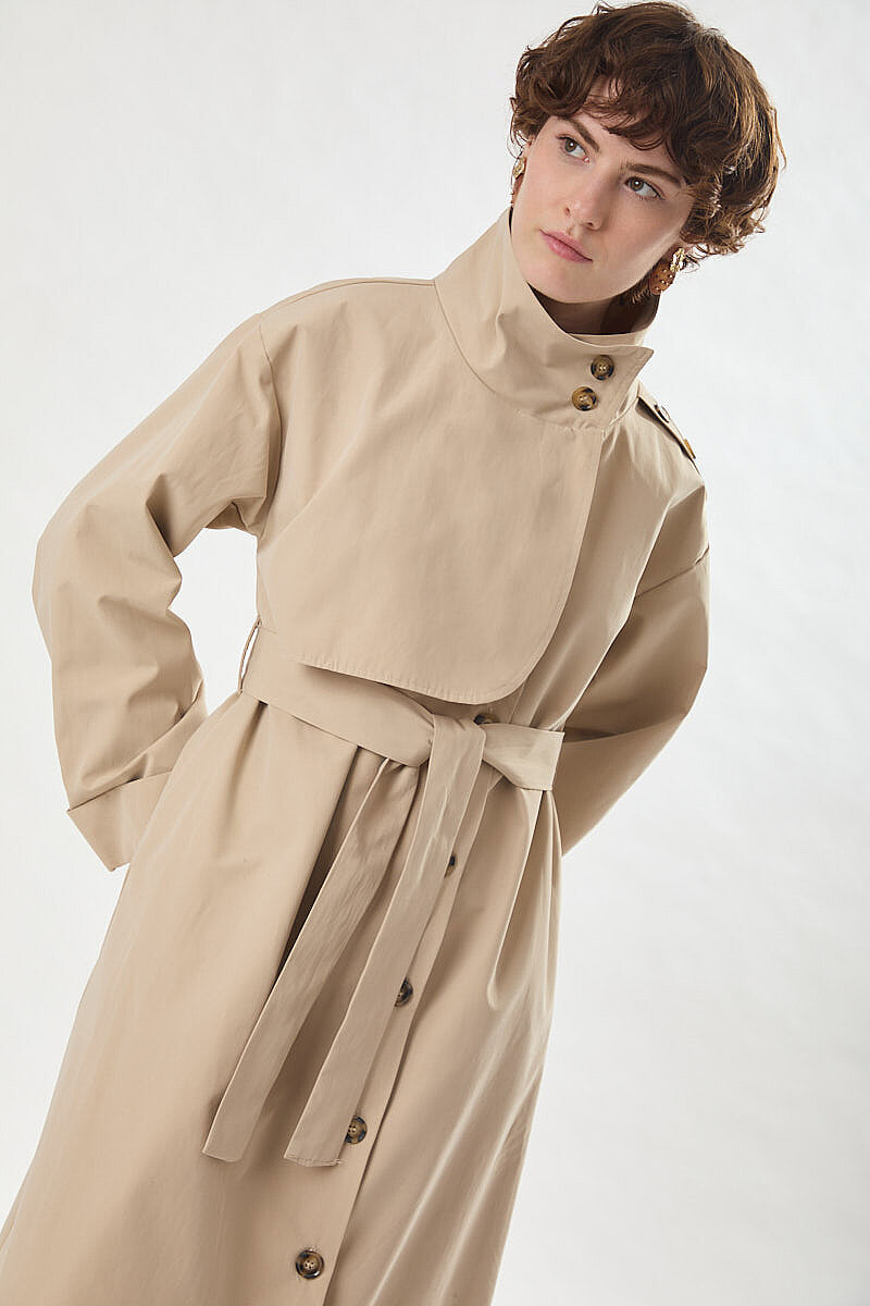 Cotton High Collar Buttoned Trenchcoat Beige - 2