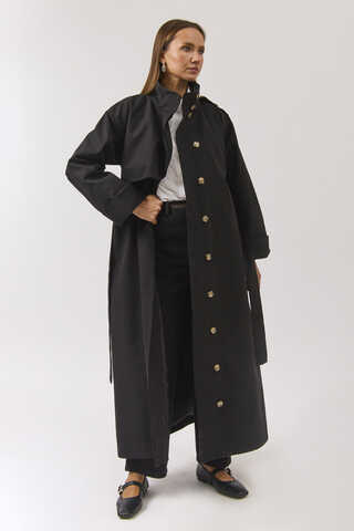 Cotton High Collar Buttoned Trenchcoat Black - 2