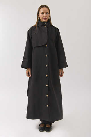 Cotton High Collar Buttoned Trenchcoat Black - 3