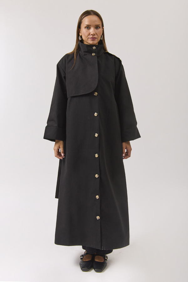Cotton High Collar Buttoned Trenchcoat Black - 3