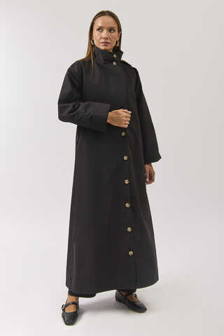 Cotton High Collar Buttoned Trenchcoat Black - 4