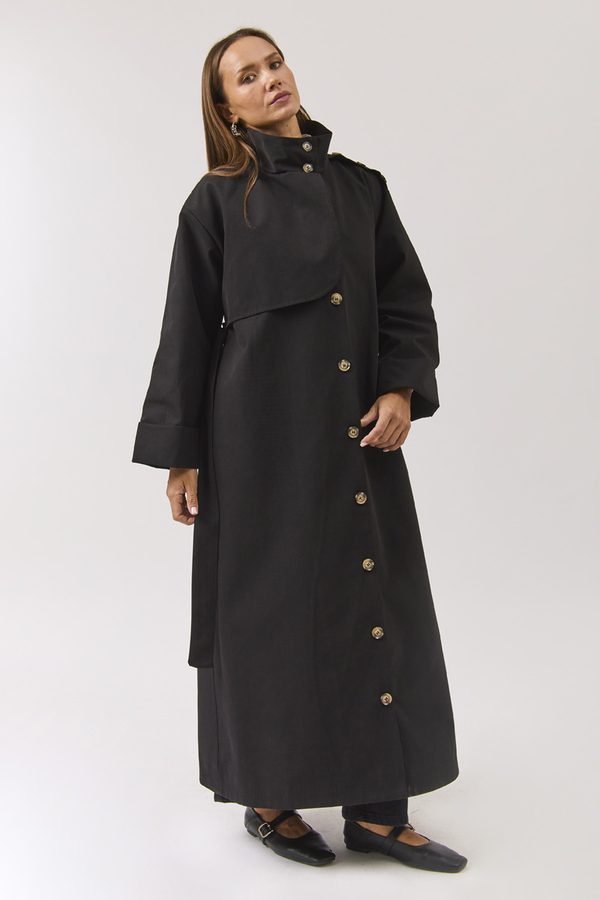 Cotton High Collar Buttoned Trenchcoat Black - 5