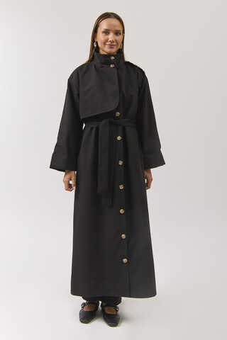 Cotton High Collar Buttoned Trenchcoat Black - 6