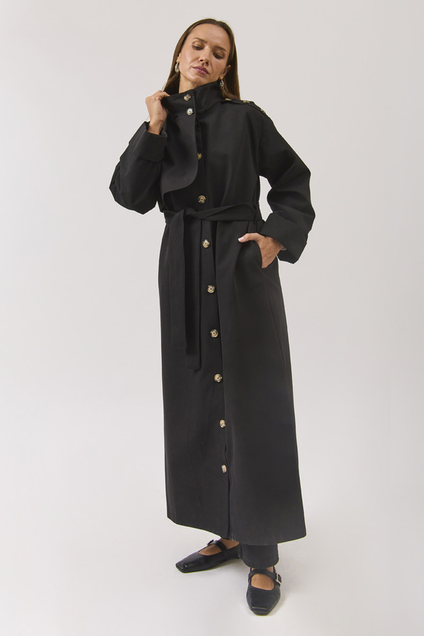 Cotton High Collar Buttoned Trenchcoat Black - 9