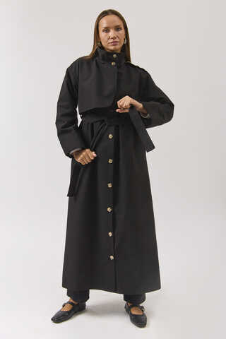 Cotton High Collar Buttoned Trenchcoat Black - 10