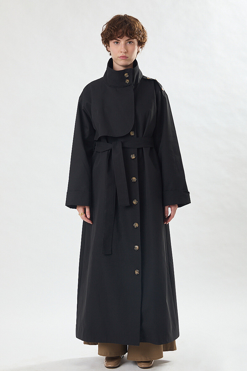 Cotton High Collar Buttoned Trenchcoat Black - 2