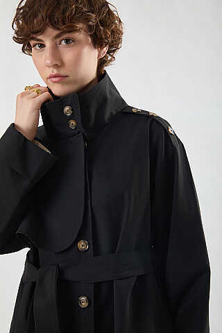 Cotton High Collar Buttoned Trenchcoat Black - 1