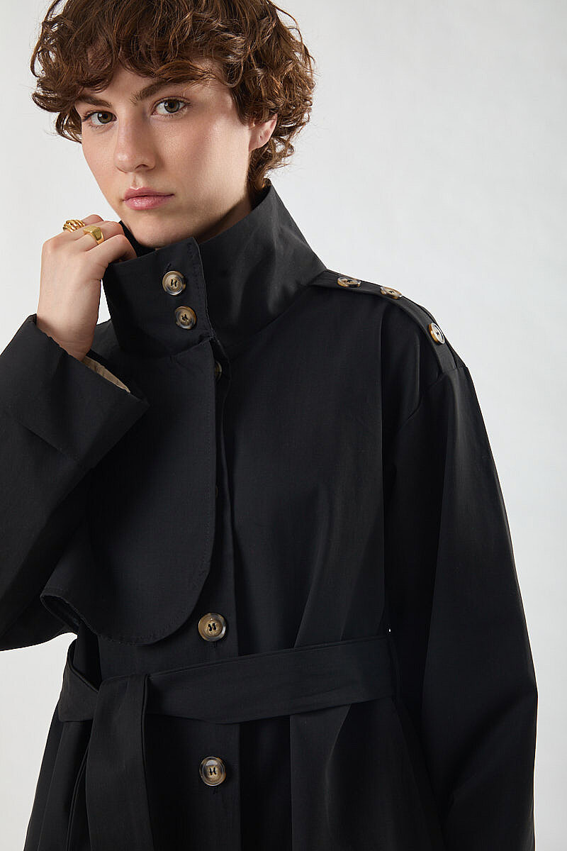 Cotton High Collar Buttoned Trenchcoat Black