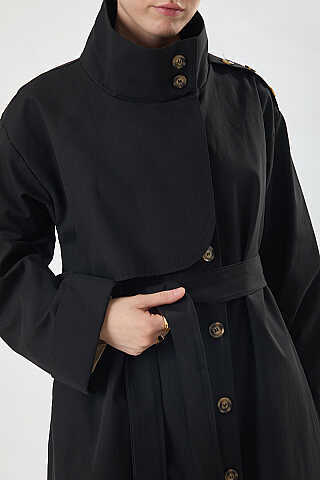 Cotton High Collar Buttoned Trenchcoat Black - 4