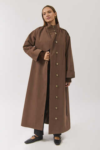 Cotton High Collar Buttoned Trenchcoat Brown - 5