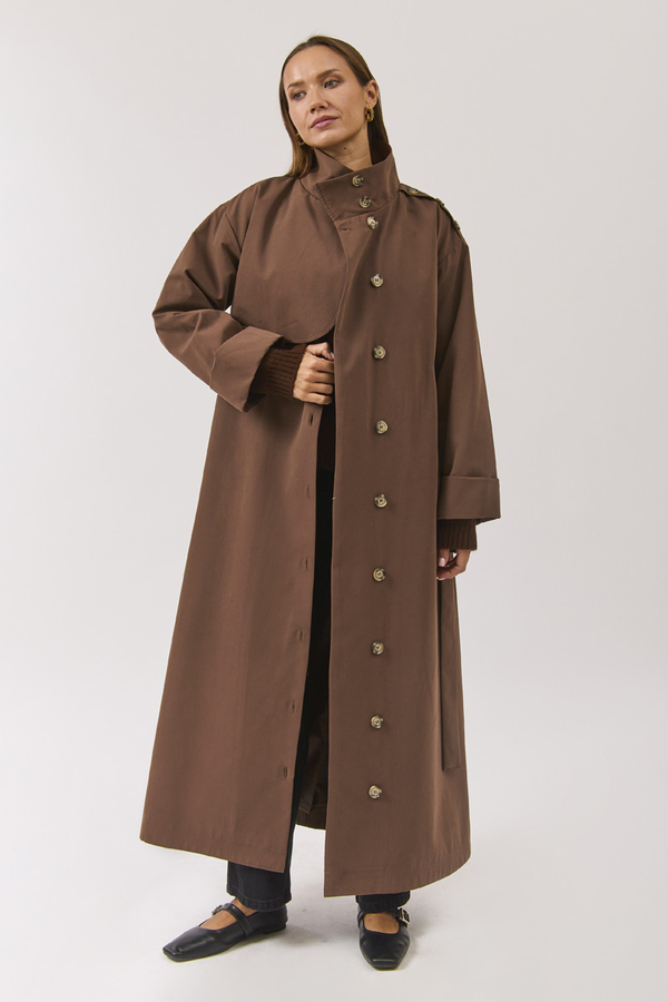 Cotton High Collar Buttoned Trenchcoat Brown - 5