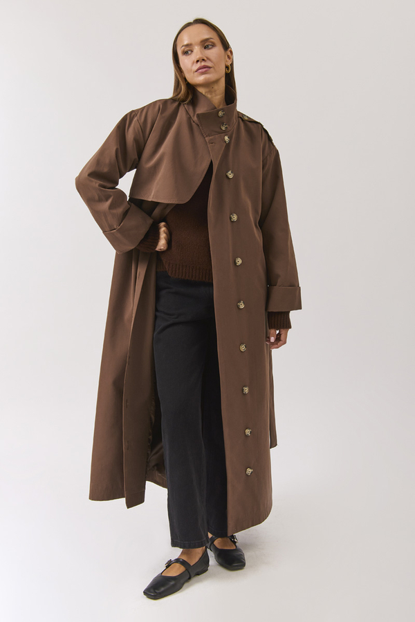 Cotton High Collar Buttoned Trenchcoat Brown - 6