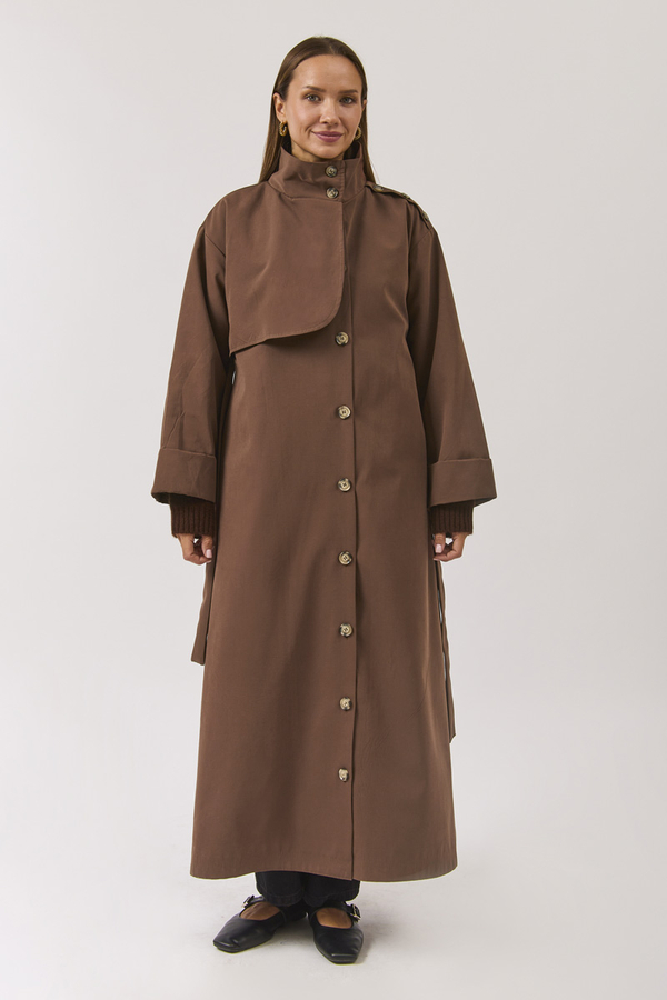 Cotton High Collar Buttoned Trenchcoat Brown - 7