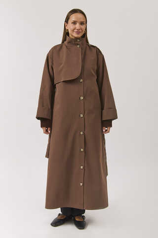 Cotton High Collar Buttoned Trenchcoat Brown - 8
