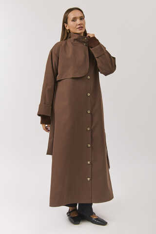 Cotton High Collar Buttoned Trenchcoat Brown - 9