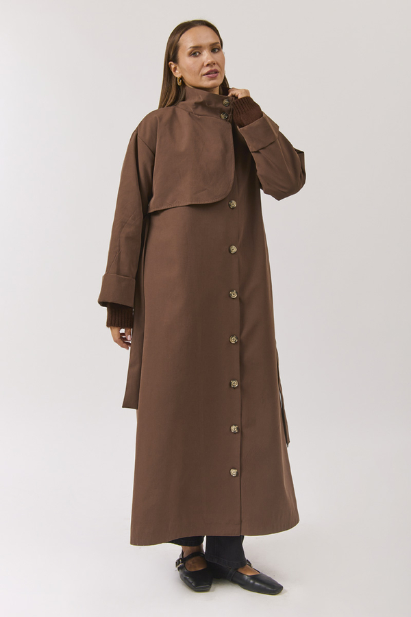 Cotton High Collar Buttoned Trenchcoat Brown - 10