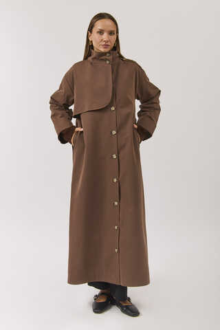 Cotton High Collar Buttoned Trenchcoat Brown - 11