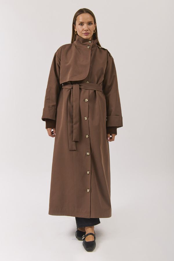 Cotton High Collar Buttoned Trenchcoat Brown - 13