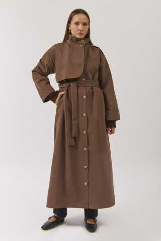 Cotton High Collar Buttoned Trenchcoat Brown - 15