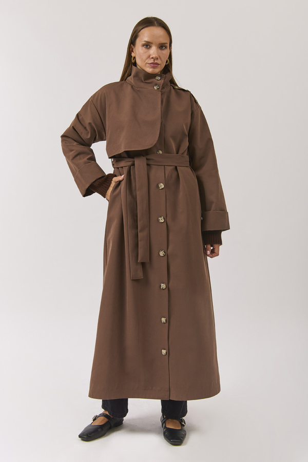 Cotton High Collar Buttoned Trenchcoat Brown - 15