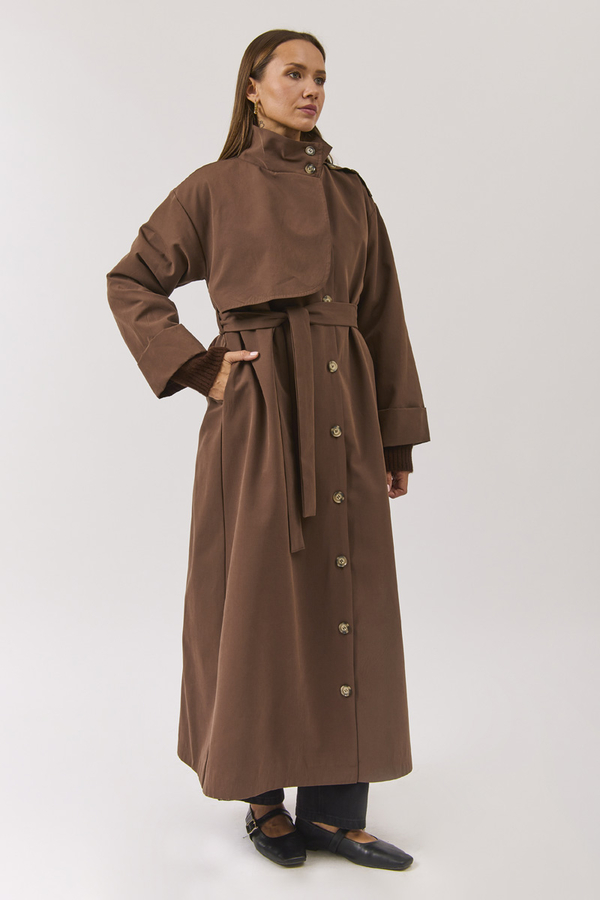 Cotton High Collar Buttoned Trenchcoat Brown - 18