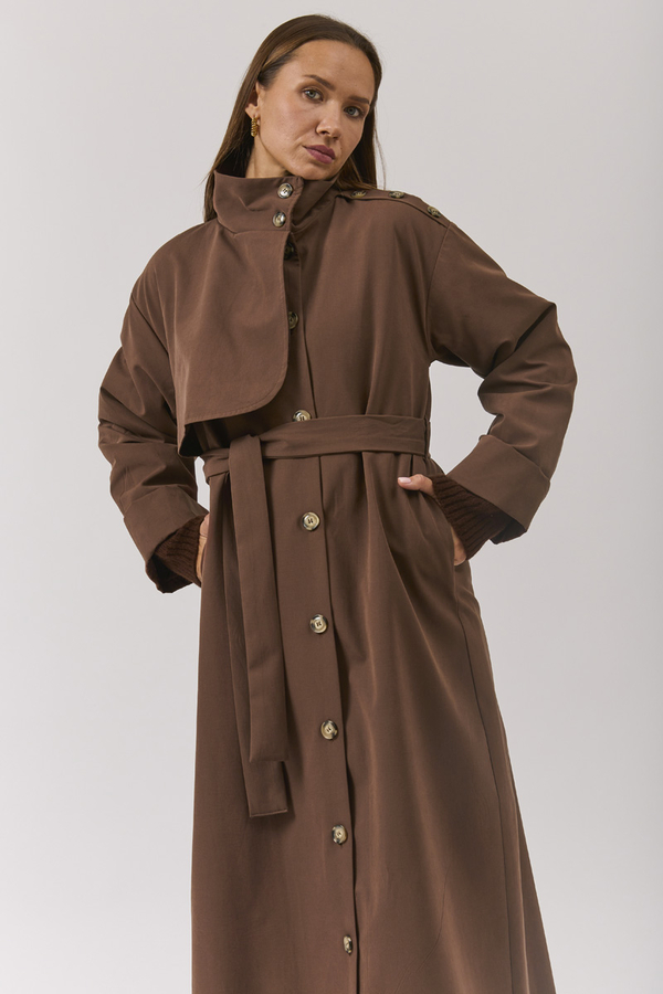 Cotton High Collar Buttoned Trenchcoat Brown - 20