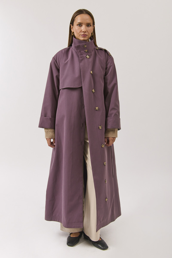 Cotton High Collar Buttoned Trenchcoat Dark Plum - 9