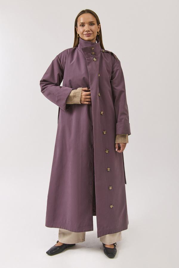 Cotton High Collar Buttoned Trenchcoat Dark Plum - 10