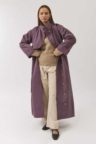 Cotton High Collar Buttoned Trenchcoat Dark Plum - 15