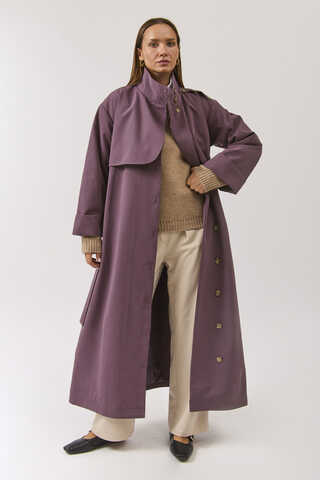 Cotton High Collar Buttoned Trenchcoat Dark Plum - 7