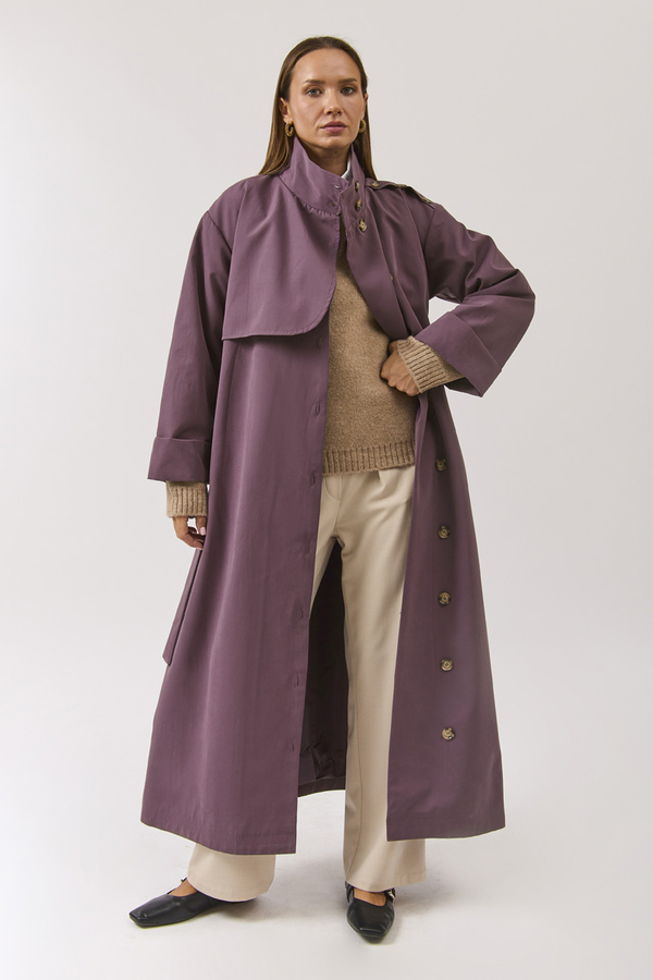 Cotton High Collar Buttoned Trenchcoat Dark Plum - 7