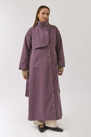 Cotton High Collar Buttoned Trenchcoat Dark Plum - 13