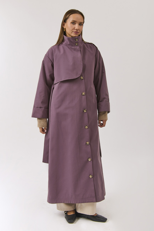 Cotton High Collar Buttoned Trenchcoat Dark Plum - 13