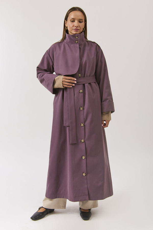 Cotton High Collar Buttoned Trenchcoat Dark Plum - 12