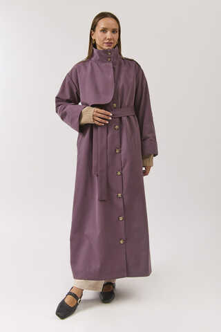 Cotton High Collar Buttoned Trenchcoat Dark Plum - 11