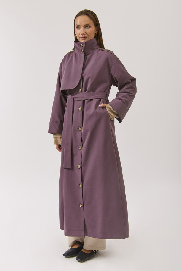Cotton High Collar Buttoned Trenchcoat Dark Plum - 8