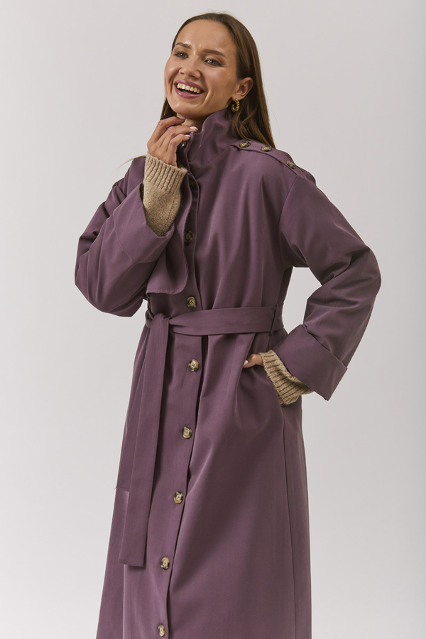 Cotton High Collar Buttoned Trenchcoat Dark Plum - 16